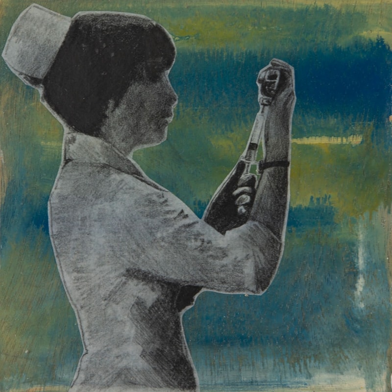 NURSE | 6" x 6" | Acrylic, Pencil + Vellum on Beech Panel | © 2008 Holly de Bourbon | $150